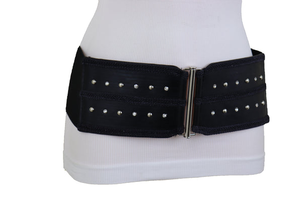 Brand New Women Black Faux Leather Wide Elastic Waistband Belt Bling Detail Silver Studs Buckle Fit S M