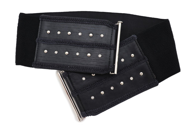 Brand New Women Black Faux Leather Wide Elastic Waistband Belt Bling Detail Silver Studs Buckle Fit S M