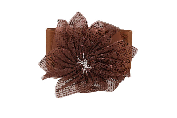 Brand New Women Wide Corset Belt Stretch Brown Wide Flower Lace Fabric Hip High Waist Fit Size S M