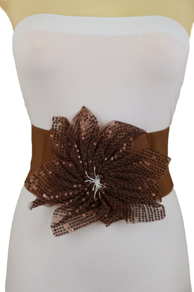 Brand New Women Wide Corset Belt Stretch Brown Wide Flower Lace Fabric Hip High Waist Fit Size S M