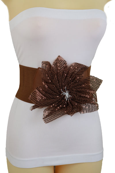 Brand New Women Wide Corset Belt Stretch Brown Wide Flower Lace Fabric Hip High Waist Fit Size S M