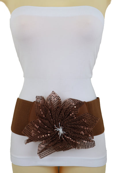 Brand New Women Wide Corset Belt Stretch Brown Wide Flower Lace Fabric Hip High Waist Fit Size S M