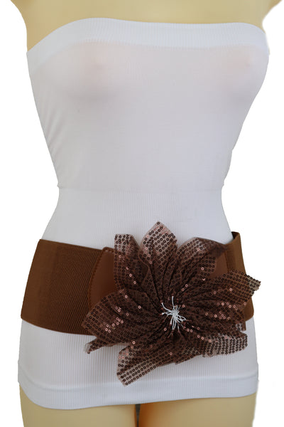 Brand New Women Wide Corset Belt Stretch Brown Wide Flower Lace Fabric Hip High Waist Fit Size S M