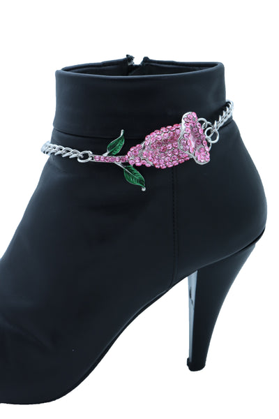 Women Silver Metal Chain Collection Boot Bracelet Shoe Pink Flower Elegant Charm One Size