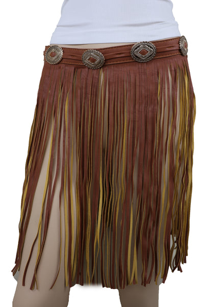 Brand New Women Brown Skirt Faux Leather Wrap Around Fashion Belt Concho Charms Size S M