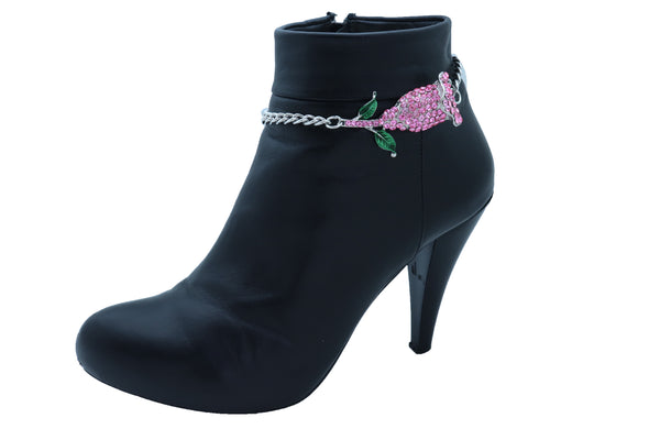 Women Silver Metal Chain Collection Boot Bracelet Shoe Pink Flower Elegant Charm One Size