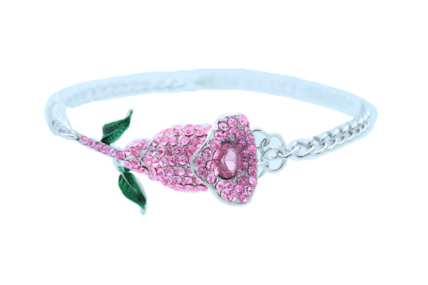 Women Silver Metal Chain Collection Boot Bracelet Shoe Pink Flower Elegant Charm One Size