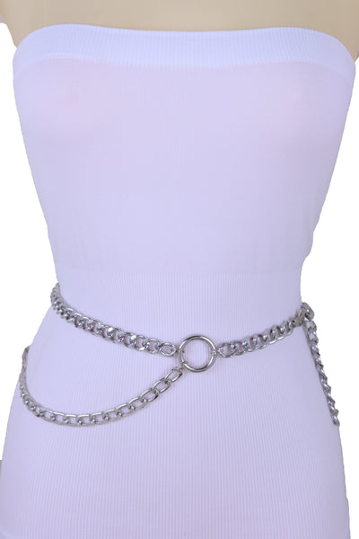 Women Belt Hip Waist Silver Metal Chain Link Side Circle Ring Charms Size M L XL