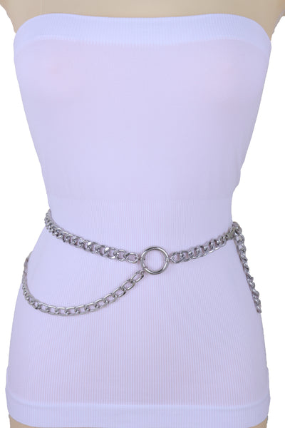 Women Belt Hip Waist Silver Metal Chain Link Side Circle Ring Charms Size M L XL