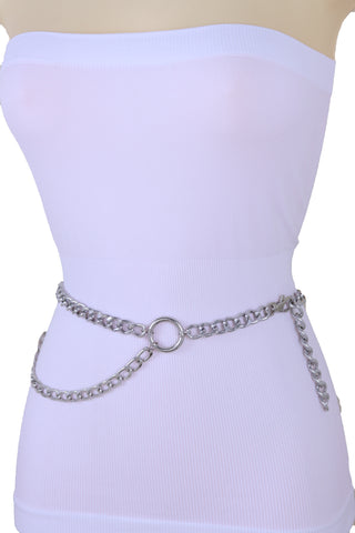 Women Waist Hip Silver Metal Chain Waistband Belt Circle Rings Plus Size XL XXL