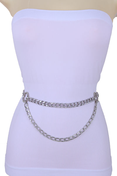 Women Belt Hip Waist Silver Metal Chain Link Side Circle Ring Charms Size M L XL