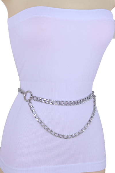 Women Belt Hip Waist Silver Metal Chain Link Side Circle Ring Charms Size M L XL
