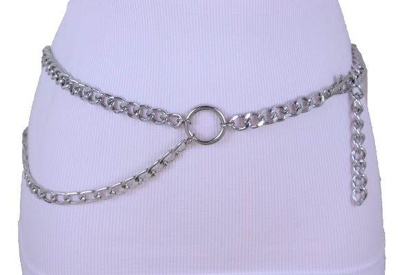 Women Belt Hip Waist Silver Metal Chain Link Side Circle Ring Charms Size M L XL