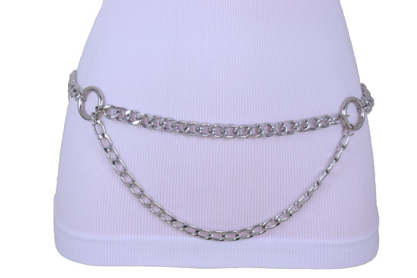 Women Belt Hip Waist Silver Metal Chain Link Side Circle Ring Charms Size M L XL