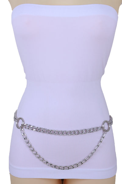 Brand New Women Belt Hip Waist Silver Metal Chain Link Side Circle Ring Charms Size M L XL