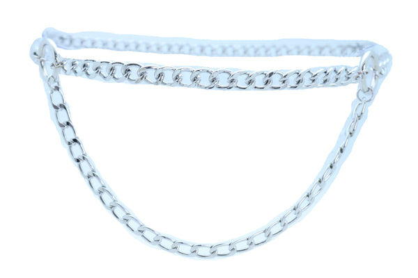 Women Belt Hip Waist Silver Metal Chain Link Side Circle Ring Charms Size M L XL