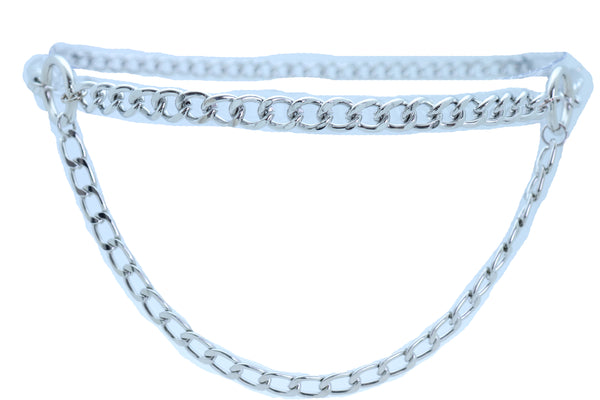 Women Belt Hip Waist Silver Metal Chain Link Side Circle Ring Charms Size M L XL