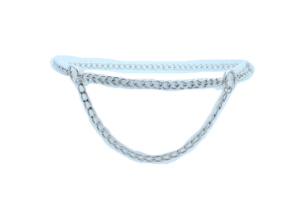 Women Belt Hip Waist Silver Metal Chain Link Side Circle Ring Charms Size M L XL
