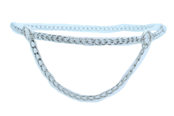 Women Belt Hip Waist Silver Metal Chain Link Side Circle Ring Charms Size M L XL