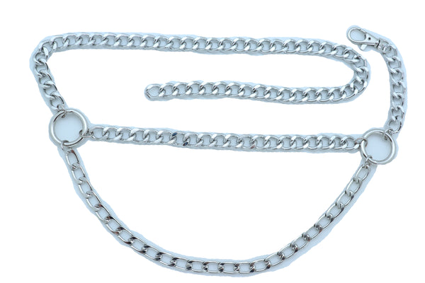 Women Belt Hip Waist Silver Metal Chain Link Side Circle Ring Charms Size M L XL