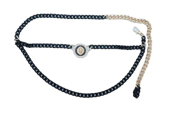 Sexy Look Women Fashion Belt Hip Waist Black Gold Metal Chain Bling Lion Charm Size M L XL