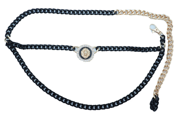 Sexy Look Women Fashion Belt Hip Waist Black Gold Metal Chain Bling Lion Charm Size M L XL