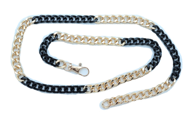Brand New Women Belt Hip High Waist Gold Black Metal Chain Links Skinny Waistband XS S M