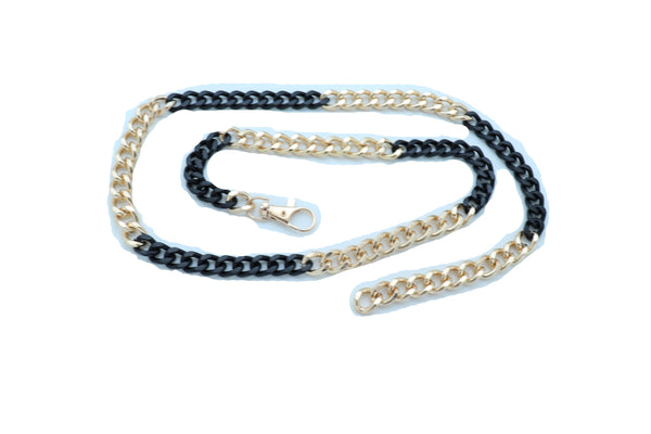 Women Belt Hip High Waist Gold Black Metal Chain Links Skinny Waistband Fits Sizes XS S M