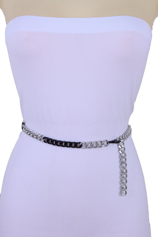 Brand New Women Belt Black Silver Metal Chain Links Hip High Waist Skinny Waistband XS S M
