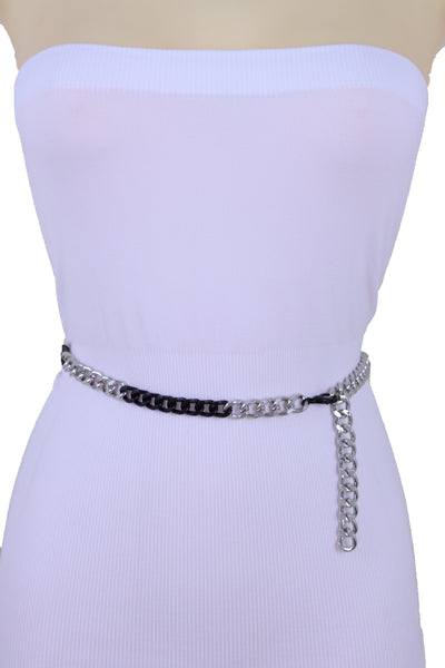 Brand New Women Belt Hip Waist Skinny Waistband Black Silver Metal Chain Plus Size XL XXL