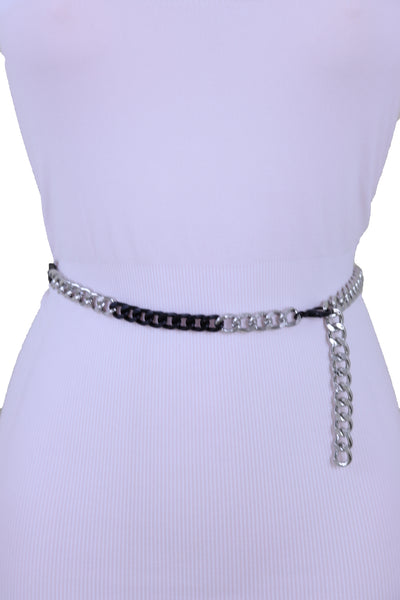 Sexy Look Women Belt Black Silver Metal Chain Links Hip High Waist Skinny Waistband XS S M
