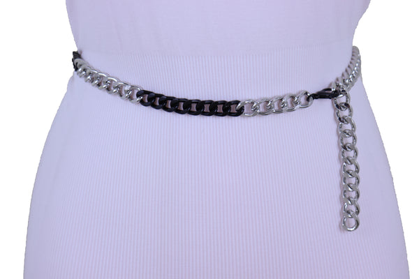 Sexy Look Women Belt Black Silver Metal Chain Links Hip High Waist Skinny Waistband XS S M