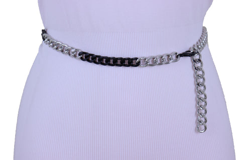Sexy Look Women Belt Black Silver Metal Chain Links Hip High Waist Skinny Waistband XS S M