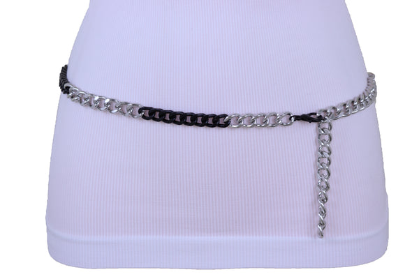 Sexy Look Women Belt Black Silver Metal Chain Links Hip High Waist Skinny Waistband XS S M