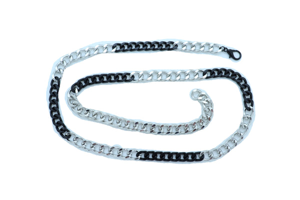 Sexy Look Women Belt Black Silver Metal Chain Links Hip High Waist Skinny Waistband XS S M
