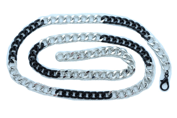 Sexy Look Women Belt Black Silver Metal Chain Links Hip High Waist Skinny Waistband XS S M