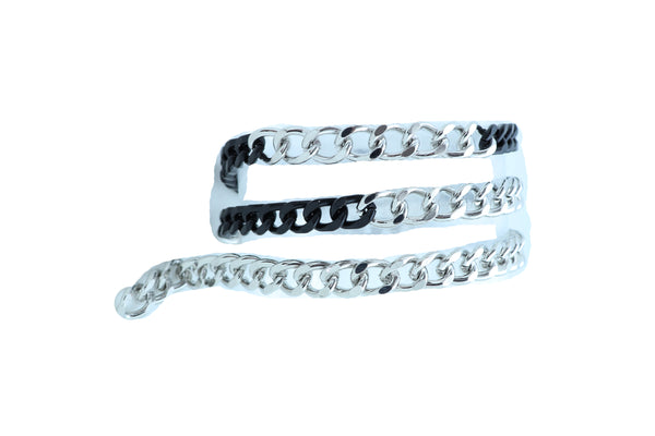 Brand New Women Belt Black Silver Metal Chain Links Hip High Waist Skinny Waistband XS S M