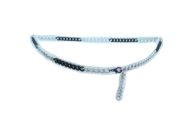 Brand New Women Belt Black Silver Metal Chain Links Hip High Waist Skinny Waistband XS S M