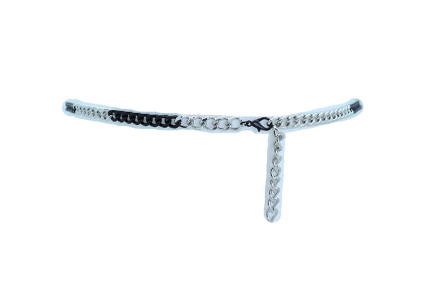 Brand New Women Belt Black Silver Metal Chain Links Hip High Waist Skinny Waistband XS S M