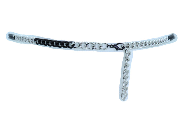 Brand New Women Belt Black Silver Metal Chain Links Hip High Waist Skinny Waistband XS S M