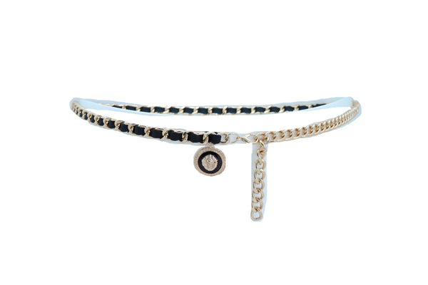 Women Fashion Gold Metal Chain Links Black Sexy Belt Lion Medallion Charm Fit Sizes XS S M