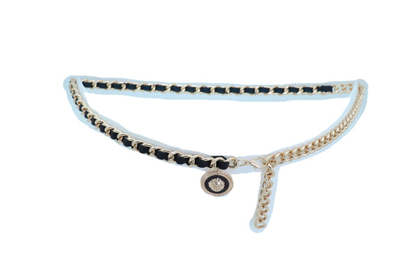 Women Fashion Gold Metal Chain Links Black Sexy Belt Lion Medallion Charm Fit Sizes XS S M