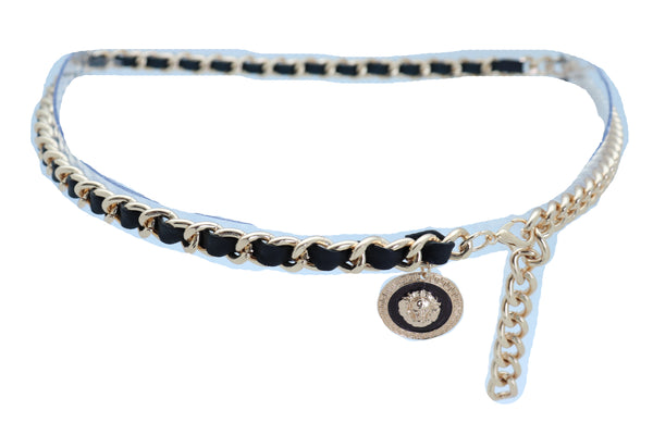 Women Fashion Gold Metal Chain Links Black Sexy Belt Lion Medallion Charm Fit Sizes XS S M