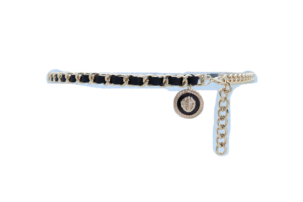 Women Fashion Gold Metal Chain Links Black Sexy Belt Lion Medallion Charm Fit Sizes XS S M