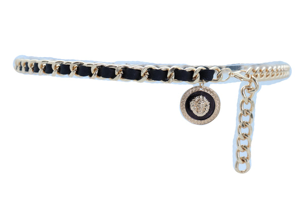 Women Fashion Gold Metal Chain Links Black Sexy Belt Lion Medallion Charm Fit Sizes XS S M