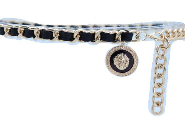Women Fashion Gold Metal Chain Links Black Sexy Belt Lion Medallion Charm Fit Sizes XS S M