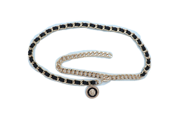 Women Fashion Gold Metal Chain Links Black Sexy Belt Lion Medallion Charm Fit Sizes XS S M