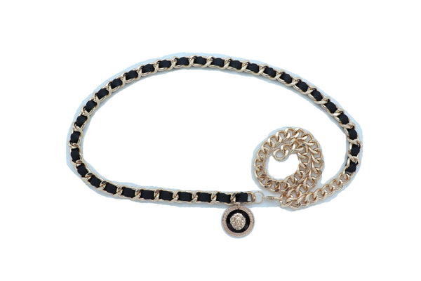 Women Fashion Gold Metal Chain Links Black Sexy Belt Lion Medallion Charm Fit Sizes XS S M