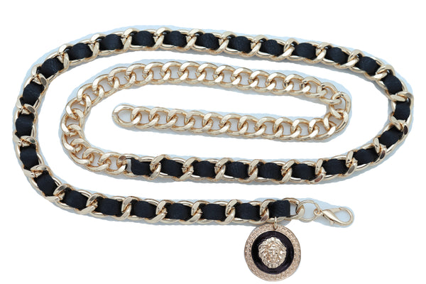 Women Fashion Gold Metal Chain Links Black Sexy Belt Lion Medallion Charm Fit Sizes XS S M