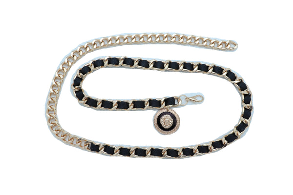 Women Fashion Gold Metal Chain Links Black Sexy Belt Lion Medallion Charm Fit Sizes XS S M